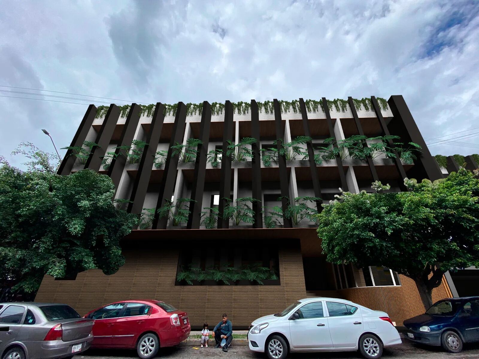 Co.work Chilpancingo, fachada de parteluces verticales con vegetación en cascada