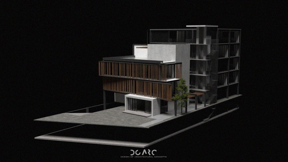 Oficinas Cuauhtémoc, maqueta arquitectónica sobre fondo negro